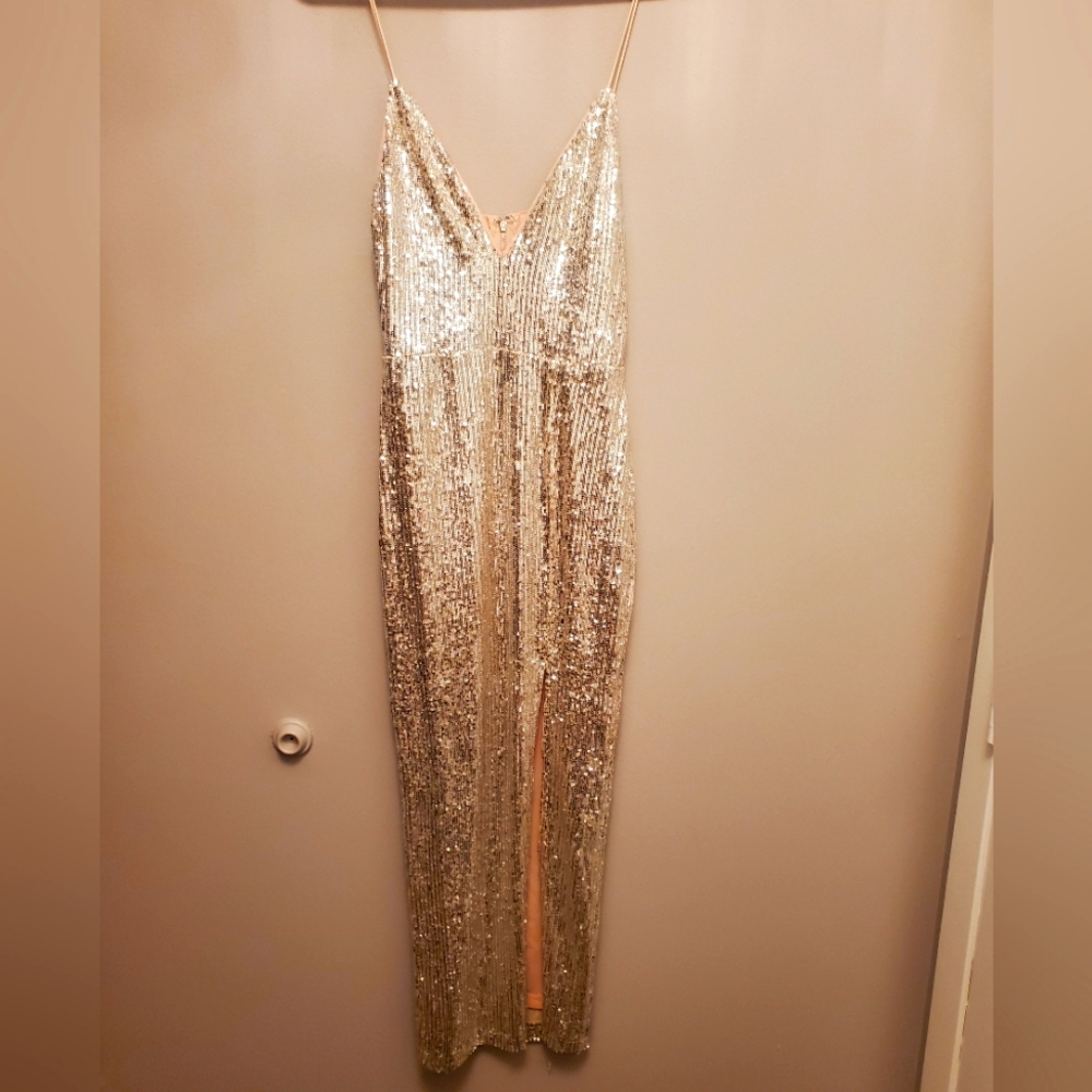 Fashion nova long sequin dress with thigh slit size S